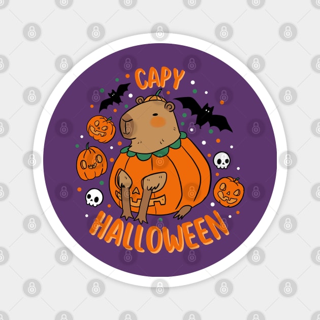 Happy Halloween a cute capybara in a pumpkin for Halloween Magnet by Yarafantasyart